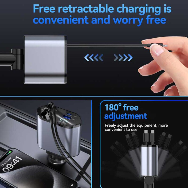 Car Charger - Manufacturer 100W PD 4 in 1 Dual Retractable Cable Fast Charging Universal
