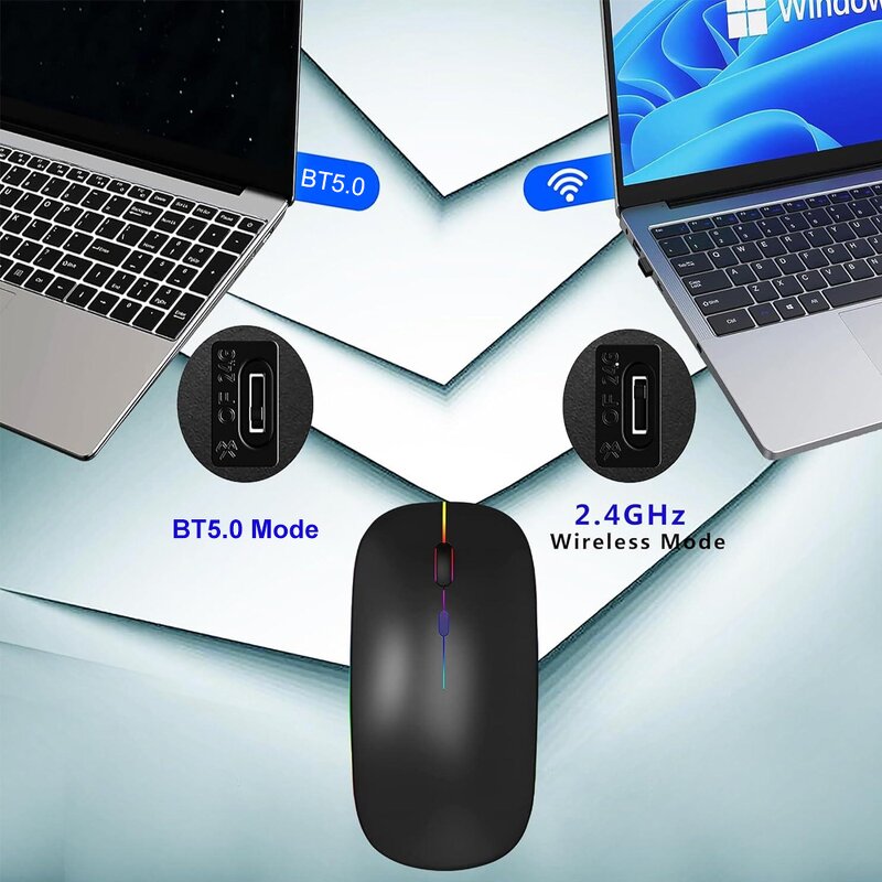 Wireless Mouse - Manufacturer Dual Mode BT5.2+2.4G Rechargeable LED Slim Laptop Gaming