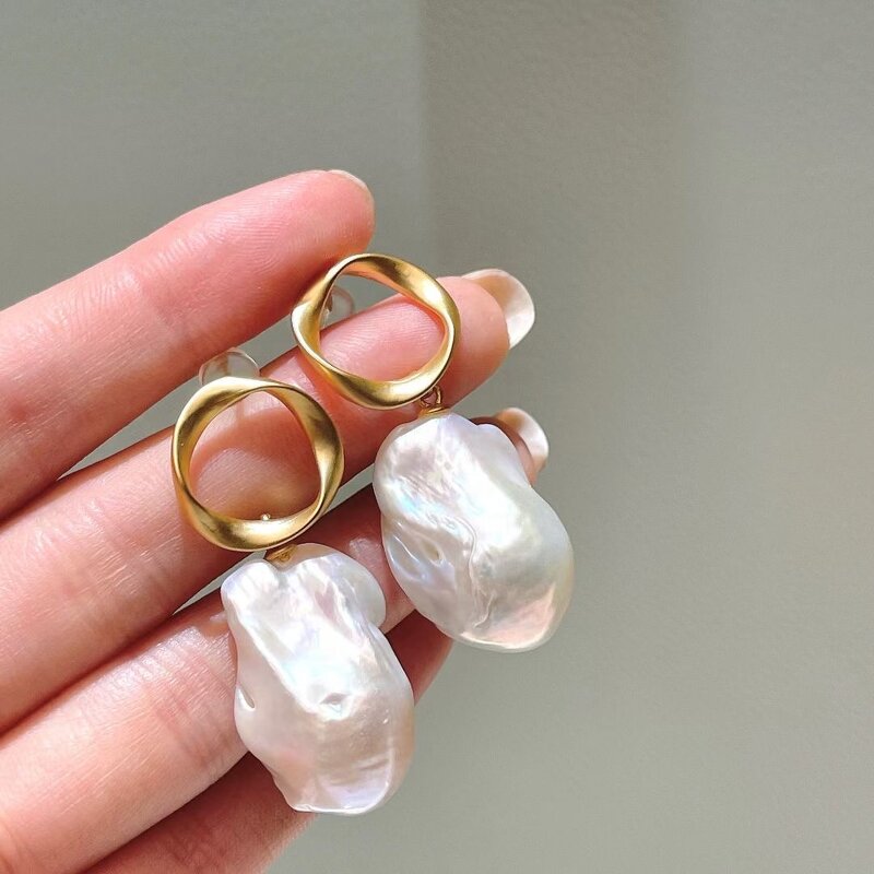 Pearl Earrings Manufacturer - 007E Baroque Drop Hoop Gold Plated for Women