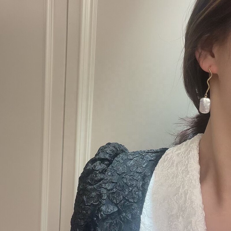 Pearl Earrings Manufacturer - 008E Baroque Drop Hoop Gold Plated for Women