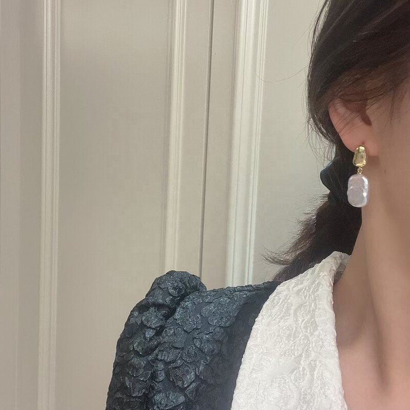 Pearl Earrings Manufacturer - 009E Baroque Drop Hoop Gold Plated for Women