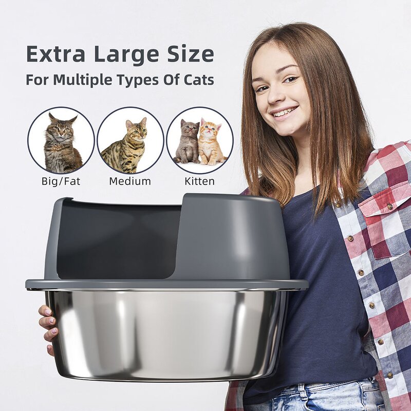 Cat Litter Box - Manufacturer Large Round High Sides Lid Stainless Steel Smooth Plastic