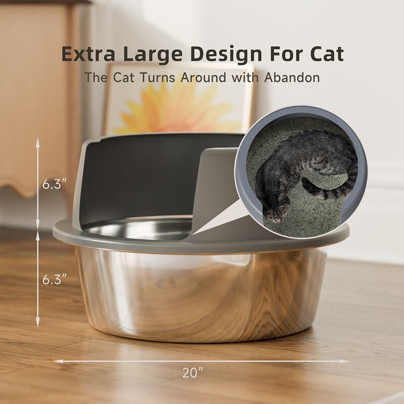 Cat Litter Box - Manufacturer Large Round High Sides Lid Stainless Steel Smooth Plastic