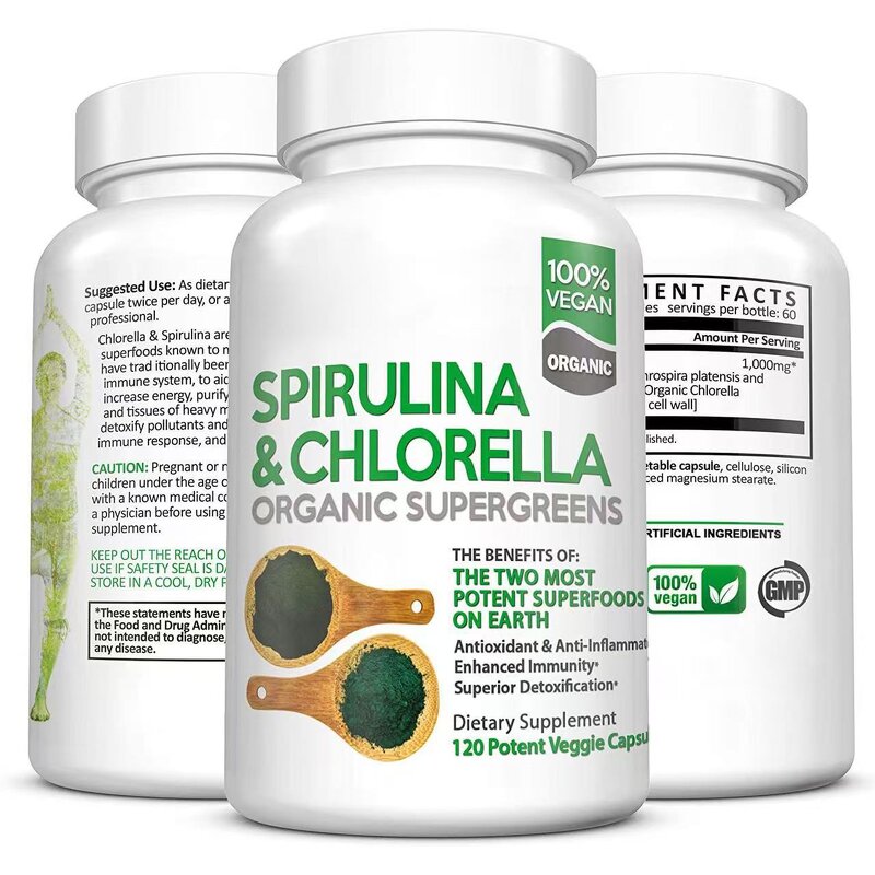 Spirulina Capsules Manufacturer - 120-grain with Chlorella Chlorophyll Vegetarian