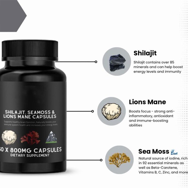 Shilajit Capsules Manufacturer - Himalayan with Sea Moss & Lions Mane 60 Count