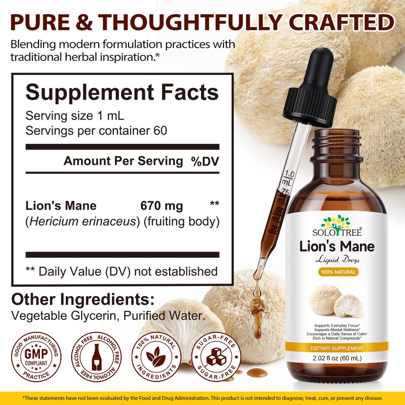 Lion's Mane Drops - Manufacturer 60ml Natural Liquid Memory Focus Immune Support