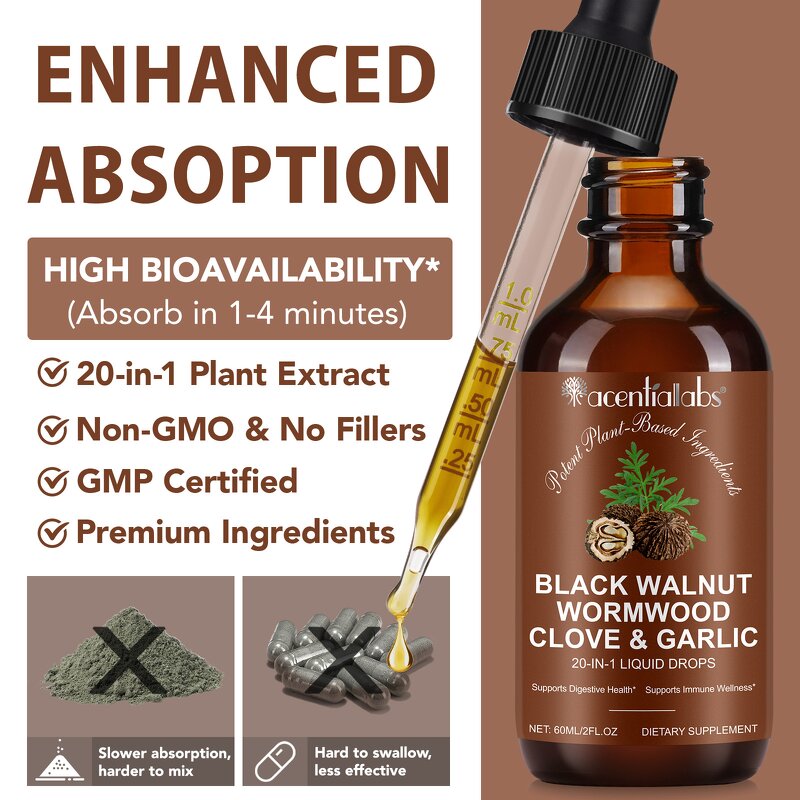 Black Walnut Drops - Manufacturer 60ml Non-GMO Garlic Digestive Immune Support