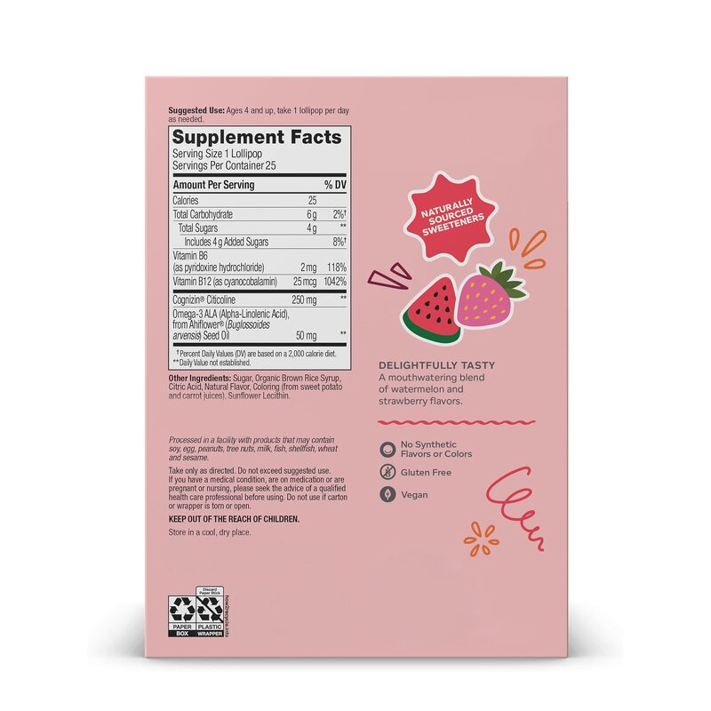 Brainy Lollipop - Manufacturer Watermelon Strawberry Omega 3 B6 B12 Focus