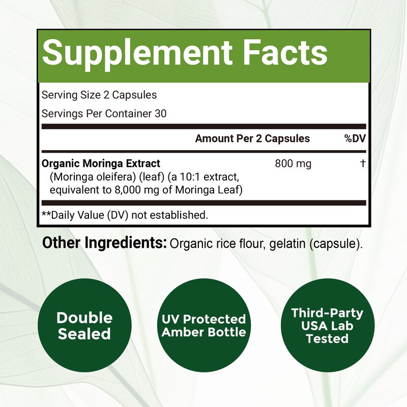 Moringa Capsules - Manufacturer Organic Leaf 92+Nutrients 46Antioxidants Immunity