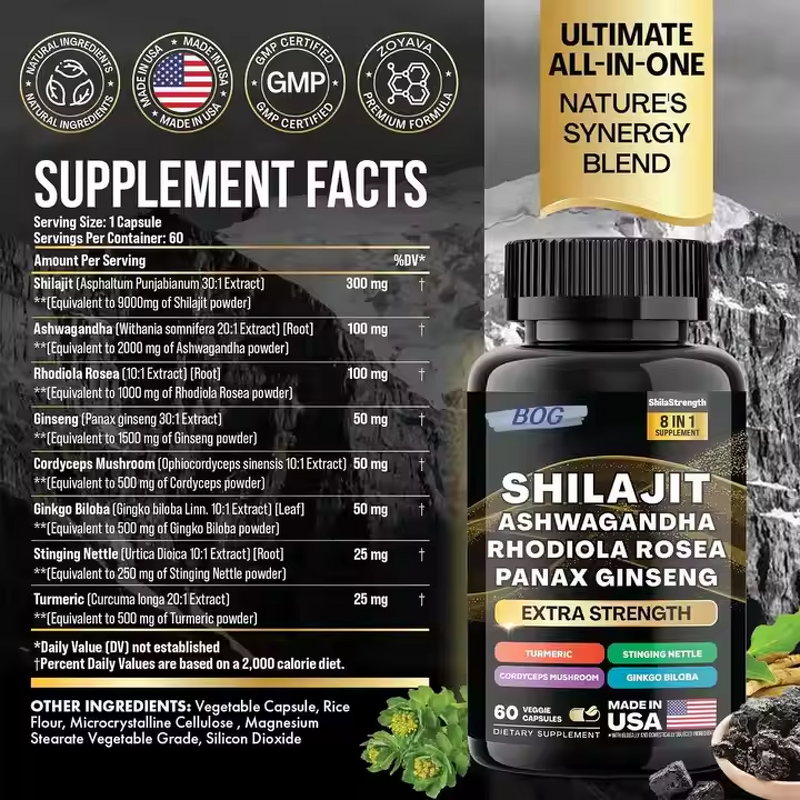 Shilajit Supplement - Manufacturer OEM/ODM 8-in-1 Ashwagandha Ginseng Energy Stress