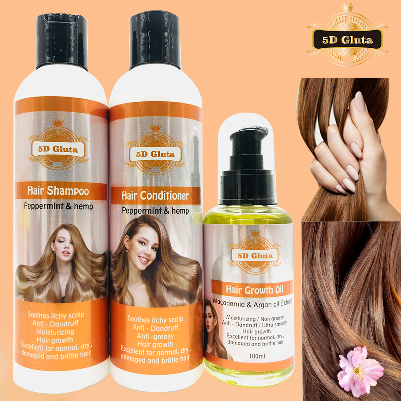 5D Gluta Hair Set - Manufacturer Shampoo Conditioner Growth Oil Peppermint Hemp