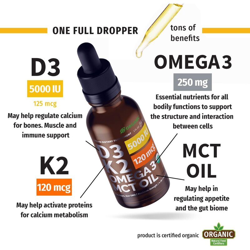 Vitamin D3 K2 Liquid Drops Manufacturer - Organic Maximum Strength with MCT Oil Omega 3