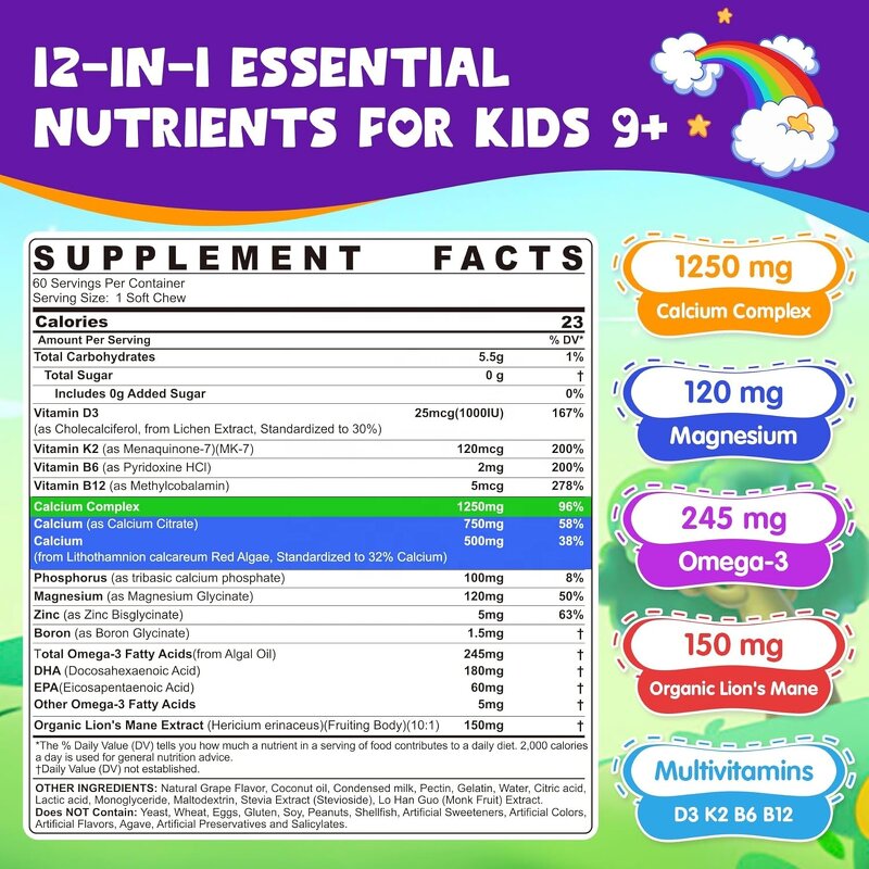 Kids Calcium Soft Chews Manufacturer - Sugar Free with D3 K2 Lion's Mane Omega 3