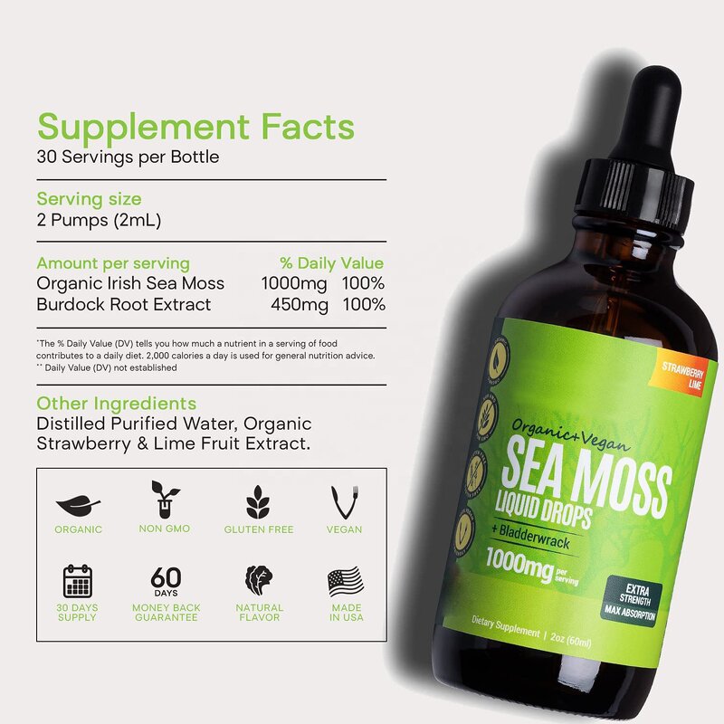 Sea Moss Oil Drops - Manufacturer Custom Label Organic Vegan Irish 2oz Glass Bottle