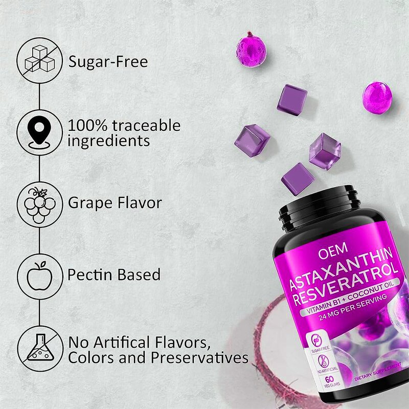 Astaxanthin Gummies - Manufacturer Sugar-Free 24mg Resveratrol Vitamin B1 Antioxidant