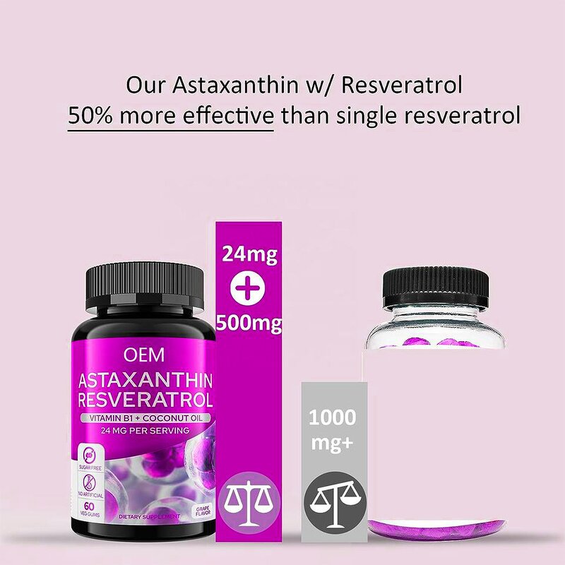 Astaxanthin Gummies - Manufacturer Sugar-Free 24mg Resveratrol Vitamin B1 Antioxidant