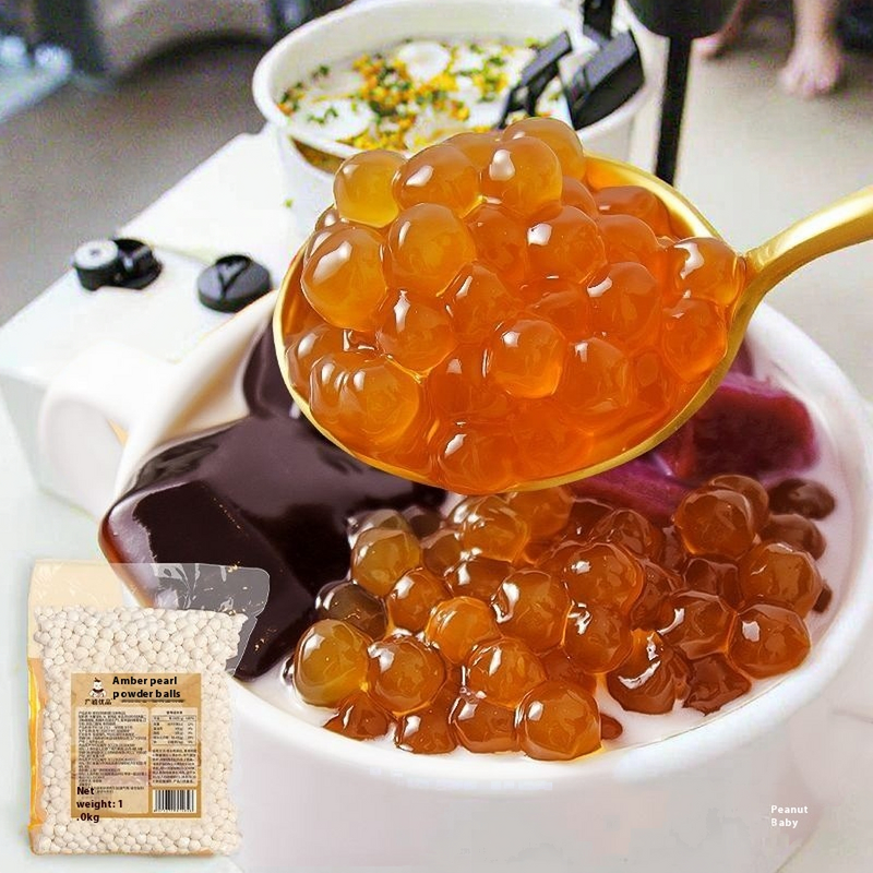 Amber Pearl Powder Round Black Sugar Cooked Tapioca Pearls for Pearl Milk Tea Packaged in Bag