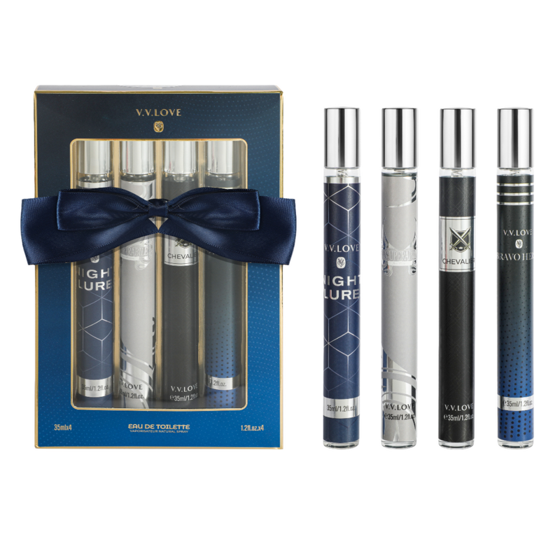 Perfume Set Manufacturer - V.V.LOVE Men's 4-Pieces 35ML Pocket Set Woody & Spicy with Bow-Wrapped Packaging