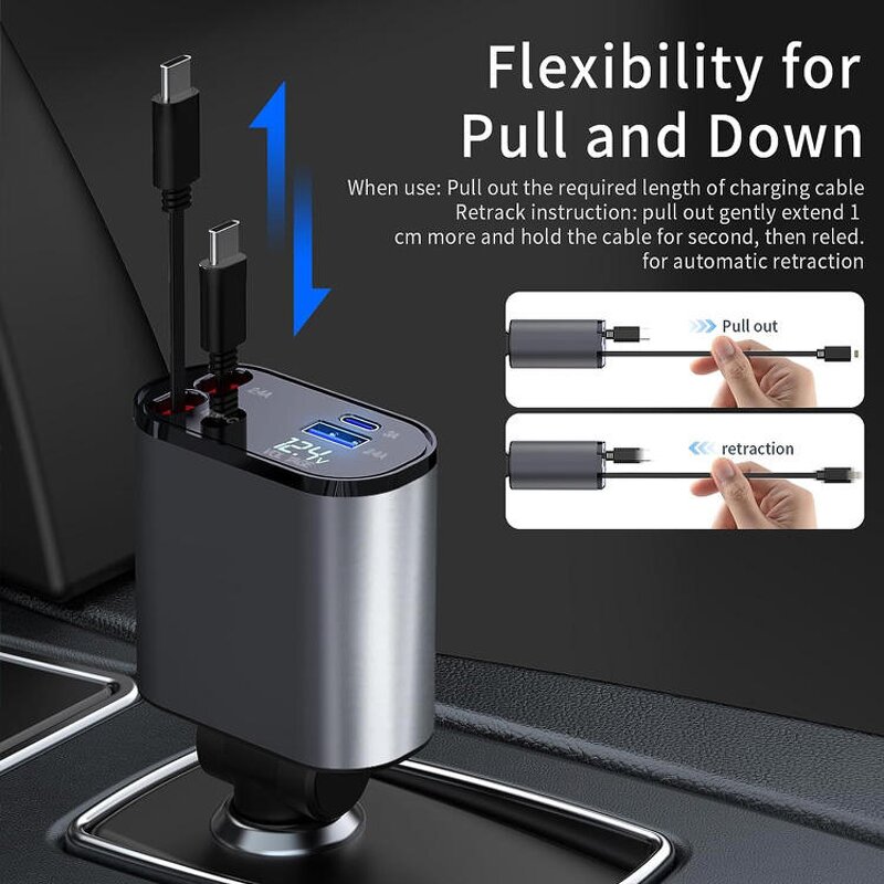 Car Charger - AilesTecca Retractable 100W 4 in 1 Fast Phone Cargador De Coche