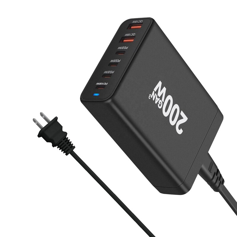 GaN Charger - AilesTecca 200W 6-Port EU US AU PD QC3.0 for Mobile Laptop