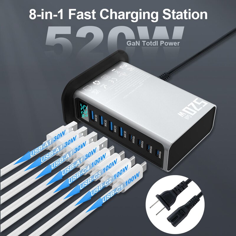 GaN Charger - AilesTecca 520W 8-Port 100W PD US EU AU UK Plug for Mobile Laptop