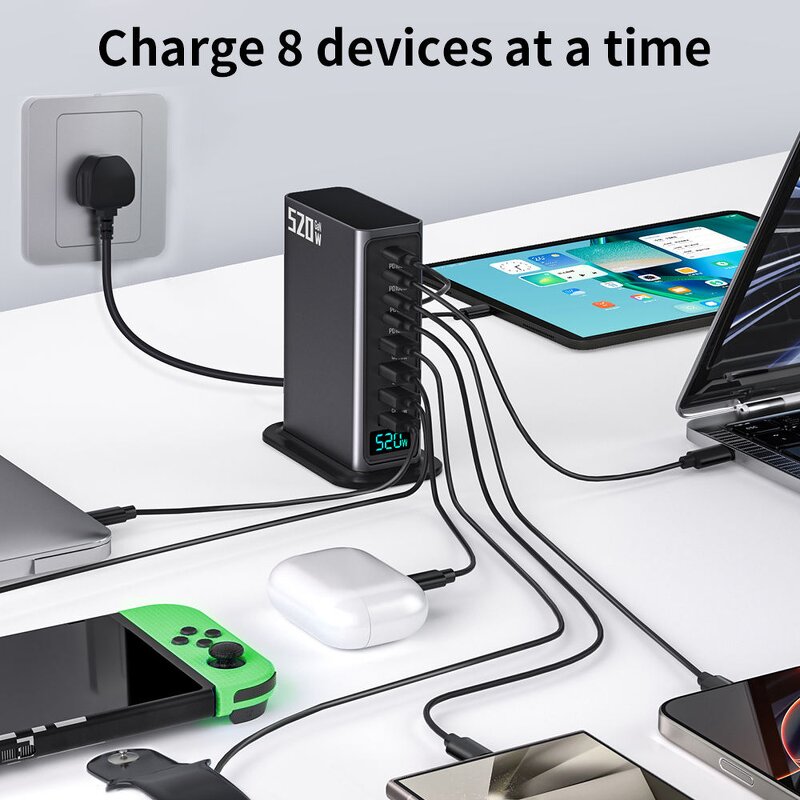 GaN Charger - AilesTecca 520W 8-Port 100W PD US EU AU UK Plug for Mobile Laptop