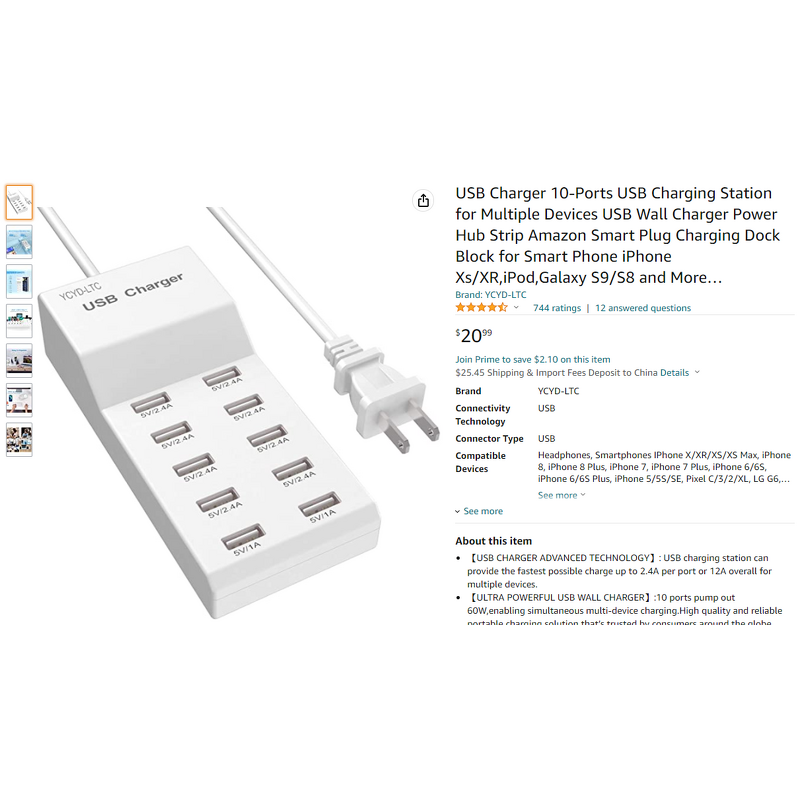 Charger Adapter - AilesTecca 10 Port 5V2.4A USB for Mobile Phone Multifunction