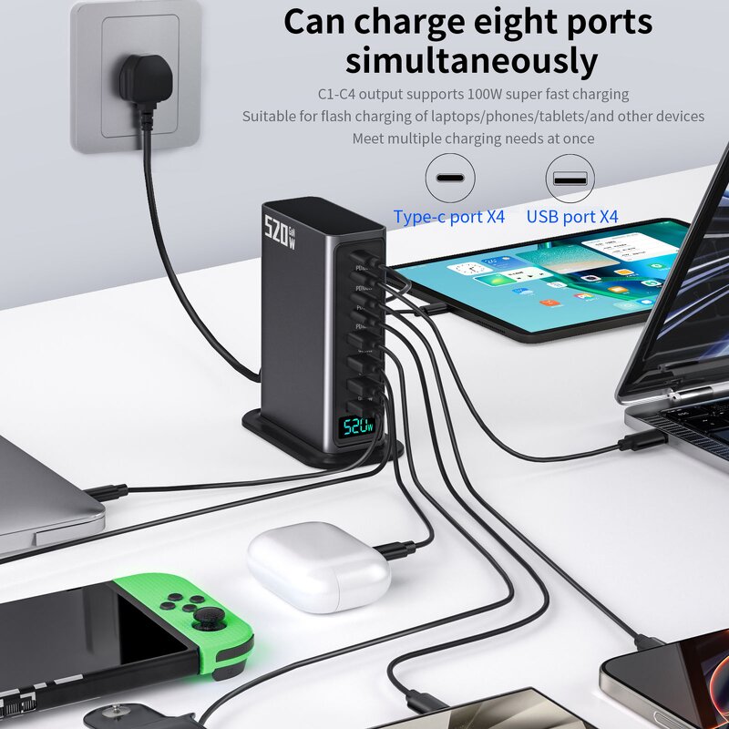 GaN Charger - AilesTecca 520W 8-Port 4C4A 100W Max LED Display for Laptop