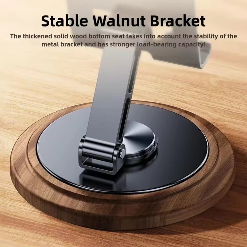 Phone Stand Manufacturer - Walnut Wood Base Folding Metal Anti Slip 360° Rotating Bracket for iPhone 17 Live Streaming