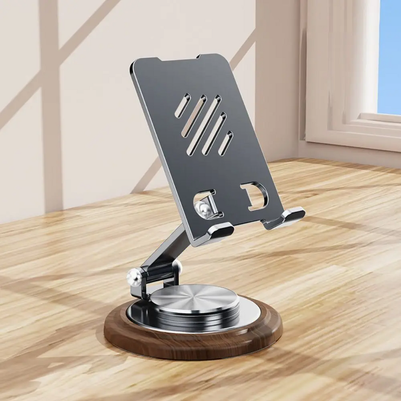 Phone Stand Manufacturer - Walnut Wood Base Folding Metal Anti Slip 360° Rotating Bracket for iPhone 17 Live Streaming