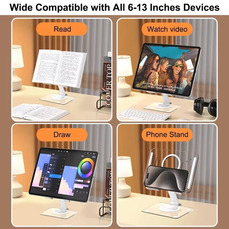 Tablet Stand Manufacturer - Transparent Acrylic Rotatable Read Book Holder Foldable Desktop Riser for IPad Pro 2025 Smart Phone