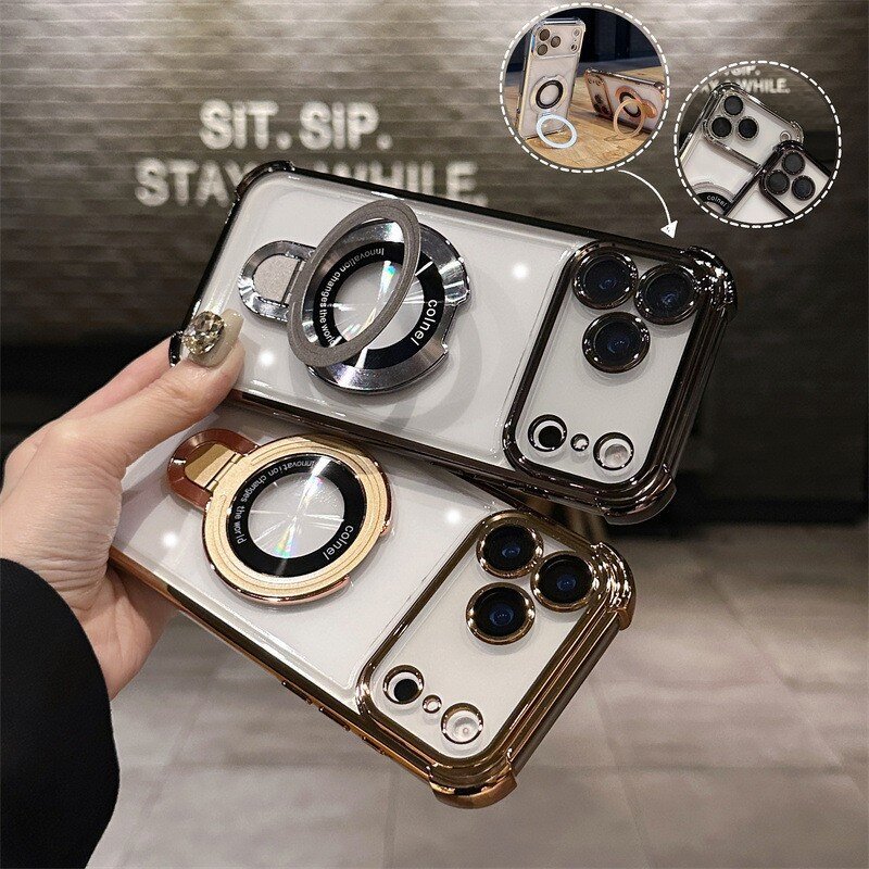 Phone Case Manufacturer - Fashion Plating Magnetic Bracket with Holder Stand Shockproof for iPhone 17 16 15 14 13 12 Pro Max