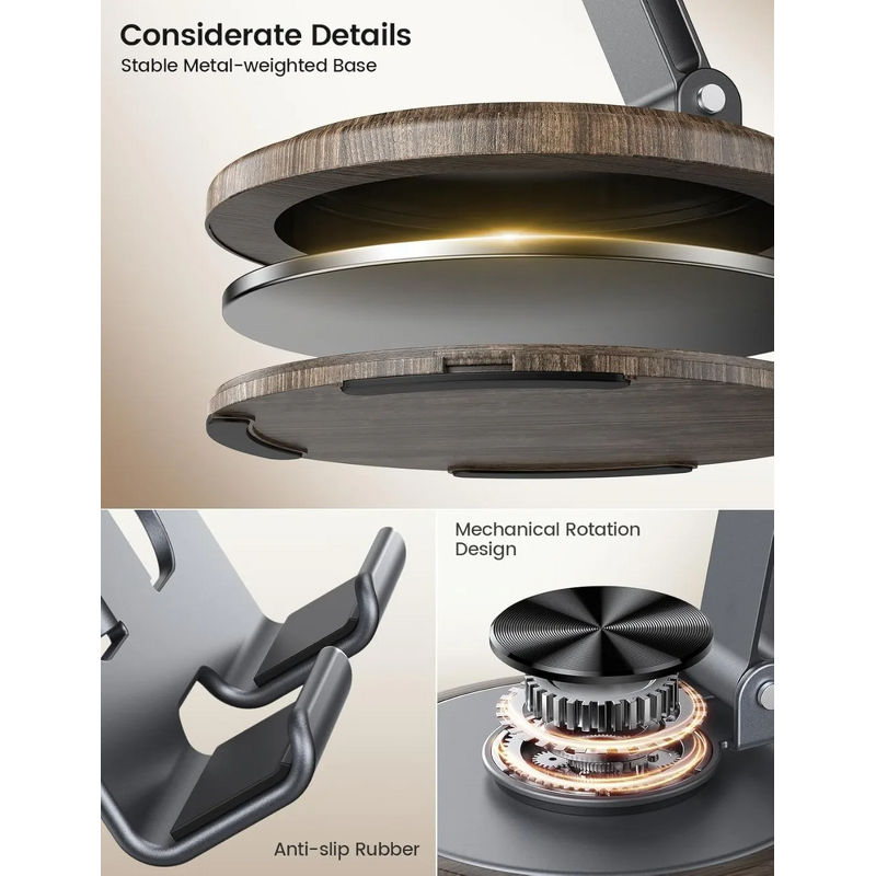 Phone Stand Manufacturer - Walnut Wood Base Folding Metal Anti Slip 360° Rotating Bracket for iPhone 17 Live Streaming