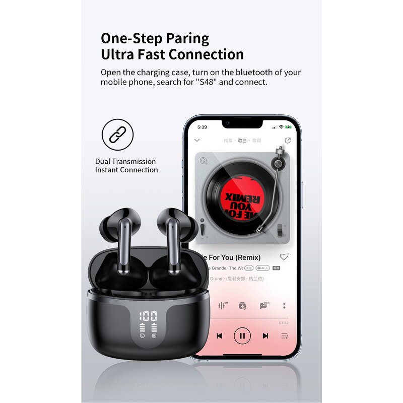 Stereo Earplugs Manufacturer - S48 Mini True Wireless BT5.3 with ENC IPX4 Low Latency Digital Display JL Chipset