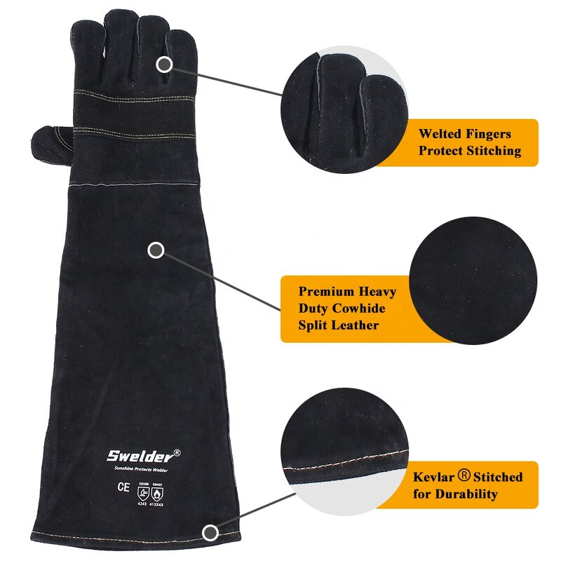 Animal Handling Gloves Manufacturer - SWELDER 23in Grey-Black Bite-Proof Double Leather Reinforced for Dogs Cats Bird