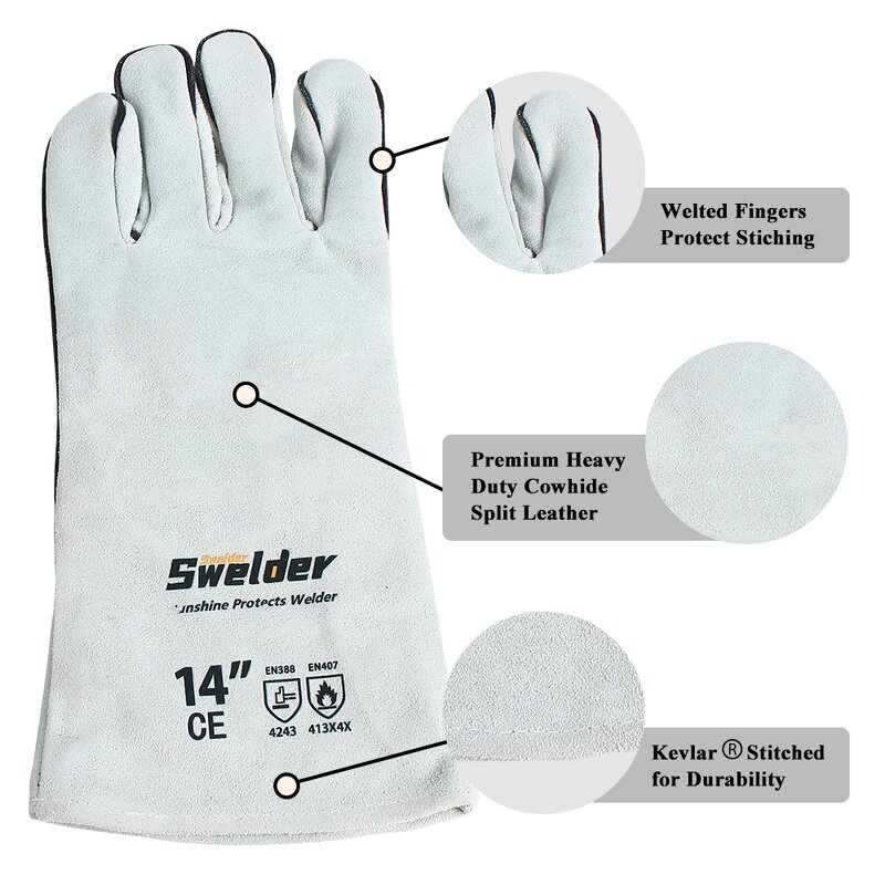 Welding Gloves Manufacturer - Swelder 14" Length F8800 Natural Shoulder Split Cowhide Heat Resistant Stick