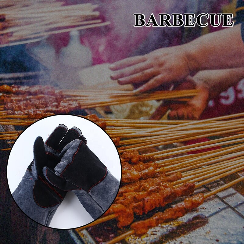BBQ Grill Gloves Manufacturer - Swelder Premium 16inch Gauntlet Black Gray Double Reinforced Leather Heat Resistant