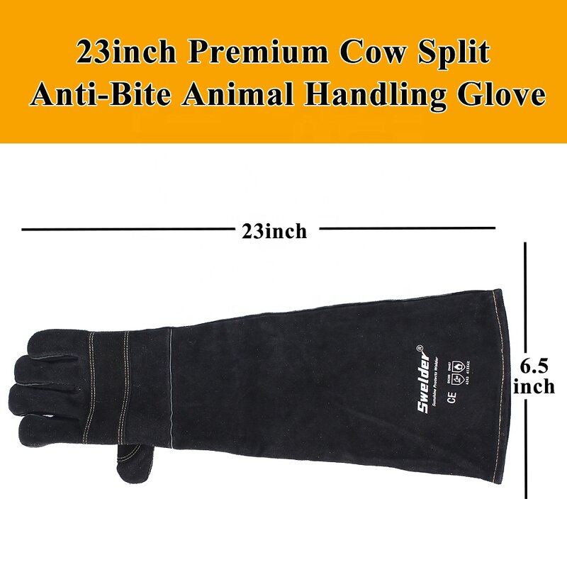 Animal Handling Gloves Manufacturer - SWELDER 23in Grey-Black Bite-Proof Double Leather Reinforced for Dogs Cats Bird