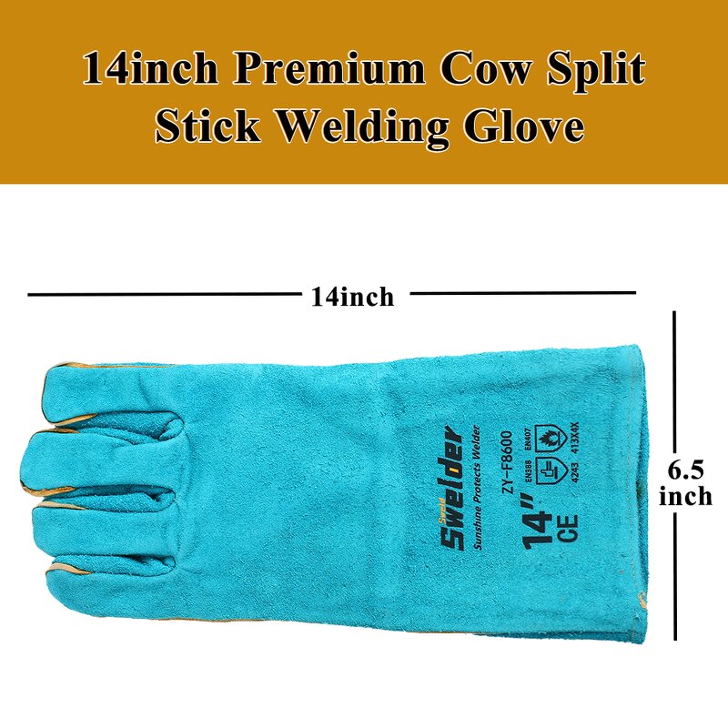 Welding Glove Manufacturer - Swelder 14" Length F8300 Factory Wholesale Light Blue Split Cowhide Leather