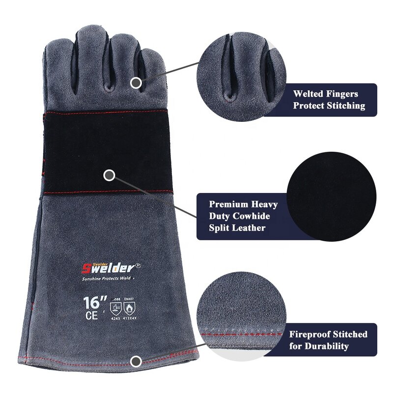 BBQ Grill Gloves Manufacturer - Swelder Premium 16inch Gauntlet Black Gray Double Reinforced Leather Heat Resistant