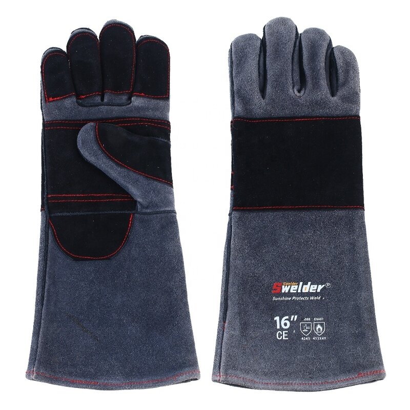 BBQ Grill Gloves Manufacturer - Swelder Premium 16inch Gauntlet Black Gray Double Reinforced Leather Heat Resistant