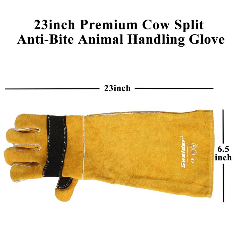 Animal Handling Gloves Manufacturer - SWELDER 23inch Yellow-Black Bite Proof Double Cowhide Leather for Dogs Cats