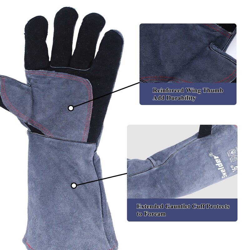 Welding Safety Gloves Manufacturer - Swelder Premium 16inch Black Gray Cowhide Leather Gauntlet for BBQ Welding
