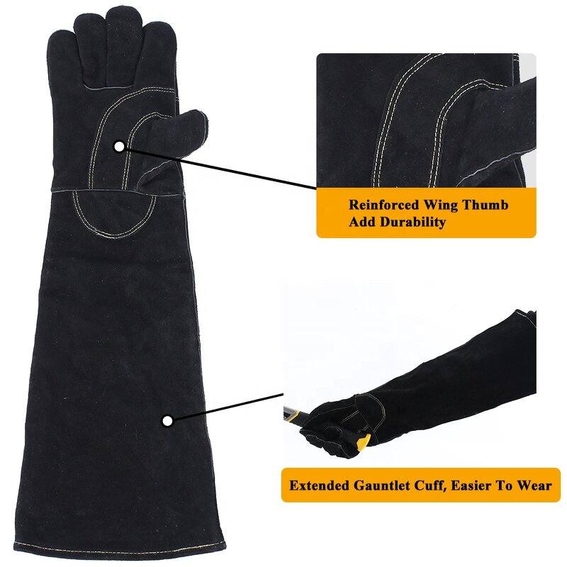 Animal Handling Gloves Manufacturer - SWELDER 23in Grey-Black Bite-Proof Double Leather Reinforced for Dogs Cats Bird