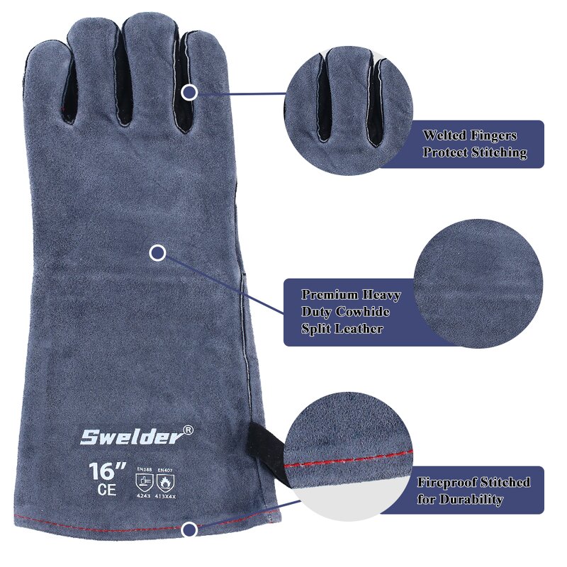 Welding Safety Gloves Manufacturer - Swelder Premium 16inch Black Gray Cowhide Leather Gauntlet for BBQ Welding