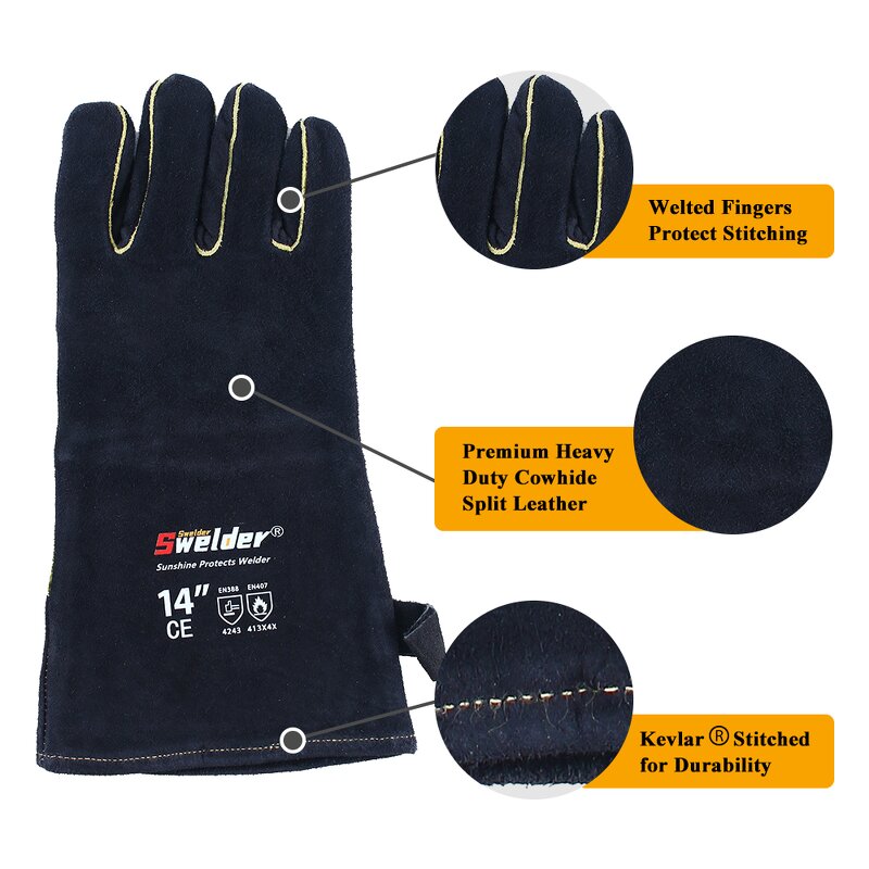 Welding Gloves Manufacturer - Swelder Premium 14inch Black Cowhide Leather for BBQ Welding Stove