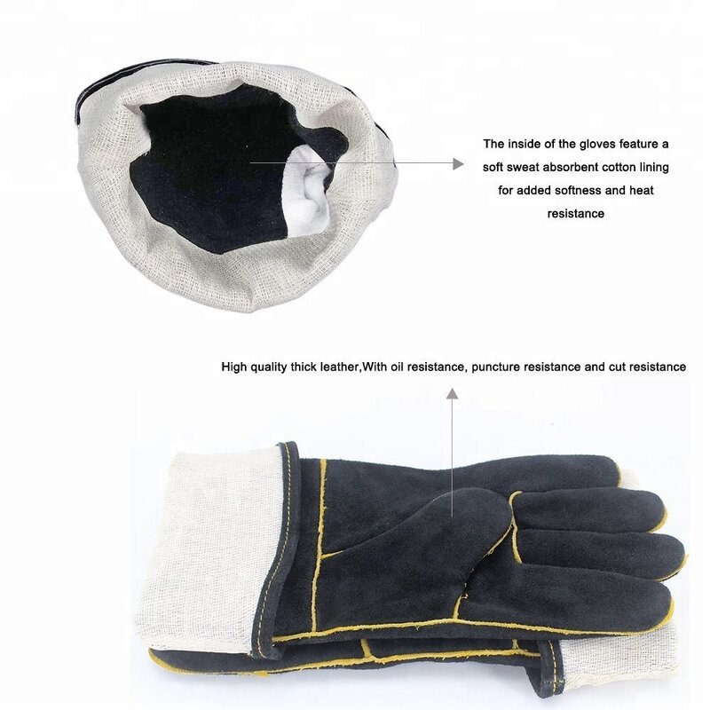 BBQ Glove Manufacturer - Swelder 14inch Premium Black Cowhide Leather Heat Resistant with Cotton Liner
