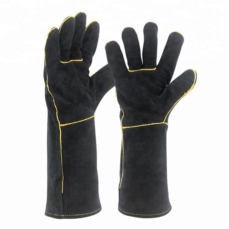 BBQ Glove Manufacturer - Swelder 14inch Premium Black Cowhide Leather Heat Resistant with Cotton Liner