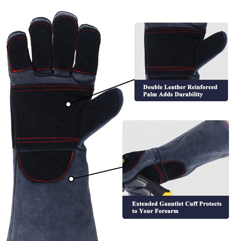 BBQ Grill Gloves Manufacturer - Swelder Premium 16inch Gauntlet Black Gray Double Reinforced Leather Heat Resistant
