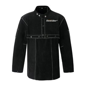 Welder Coat Jacket Manufacturer - Swelder Premium Safety Heat Flame Resistant Cowhide Leather Black with Sleeve